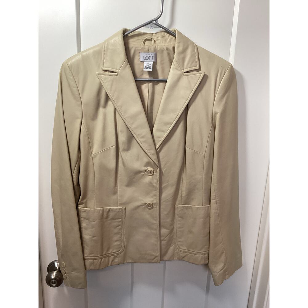 Ann Taylor Loft Women's 100% Leather Button Front‎ Blazer Jacket Beige Size 10